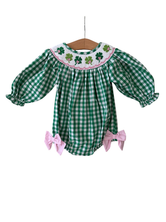 St. Patrick's Girls Hand Smocked Clover Gingham Bubble