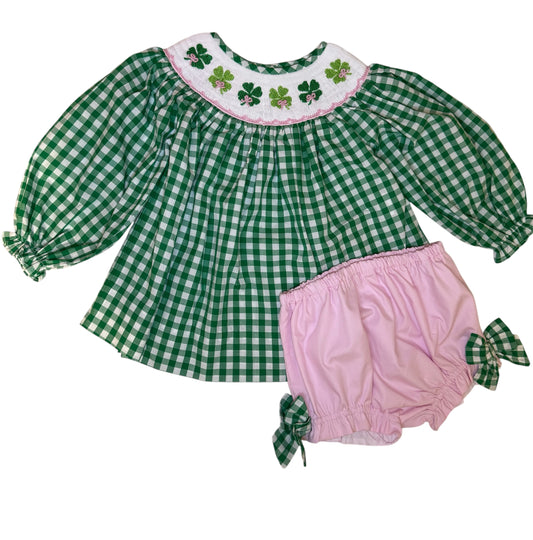 St. Patrick's Girls Hand Smocked Clover Gingham Bloomer Set