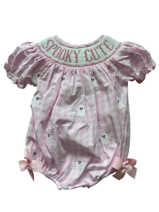 Pink Spooky Cute Hand Smocked & Embroidered Girls Ghost Bubble