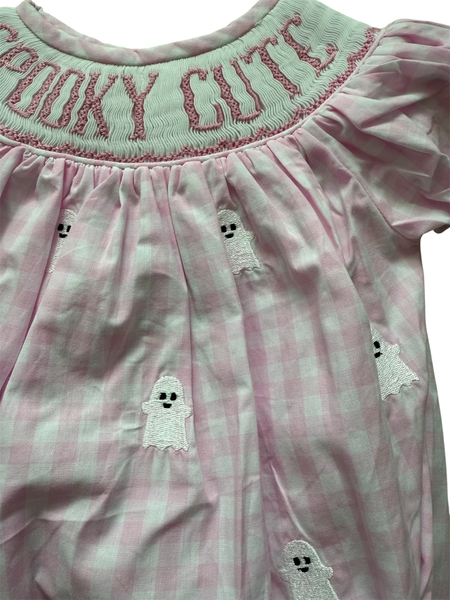 Pink Spooky Cute Hand Smocked & Embroidered Girls Ghost Bubble