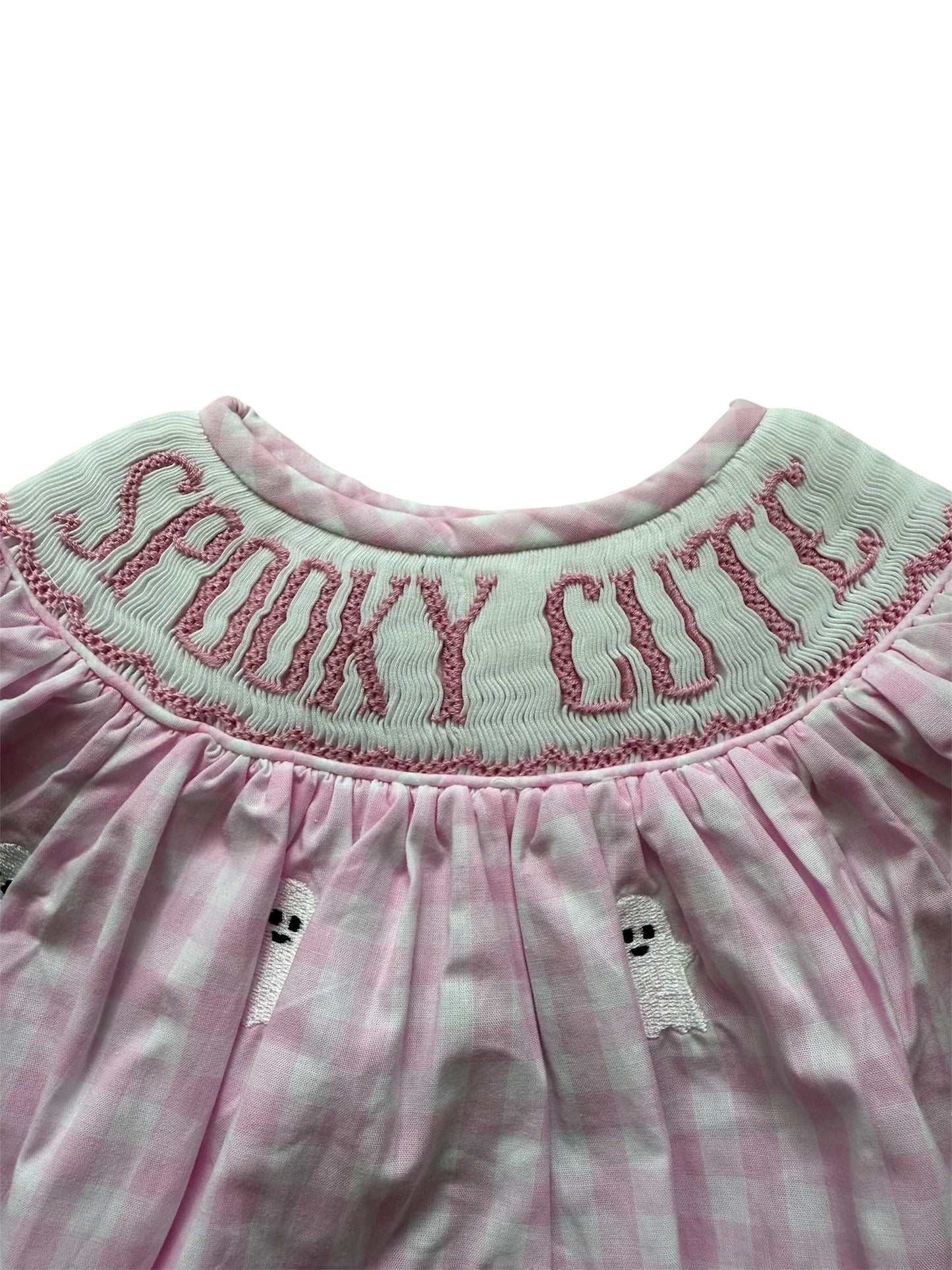 Pink Spooky Cute Hand Smocked & Embroidered Girls Ghost Bubble