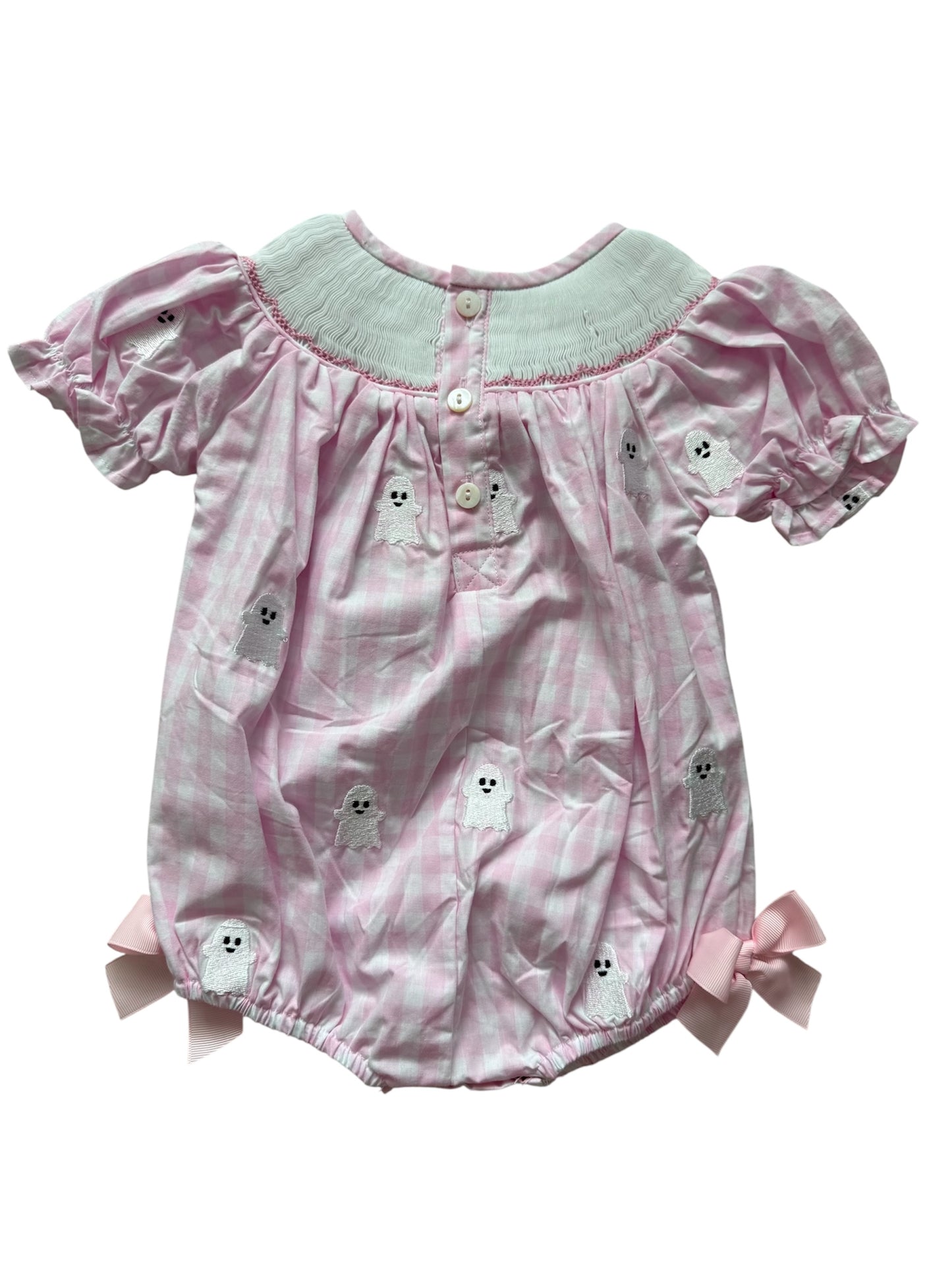 Pink Spooky Cute Hand Smocked & Embroidered Girls Ghost Bubble