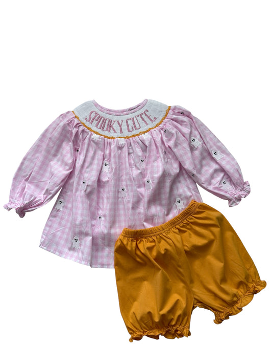 Pink Spooky Cute Hand Smocked & Embroidered Girls Shorts Set