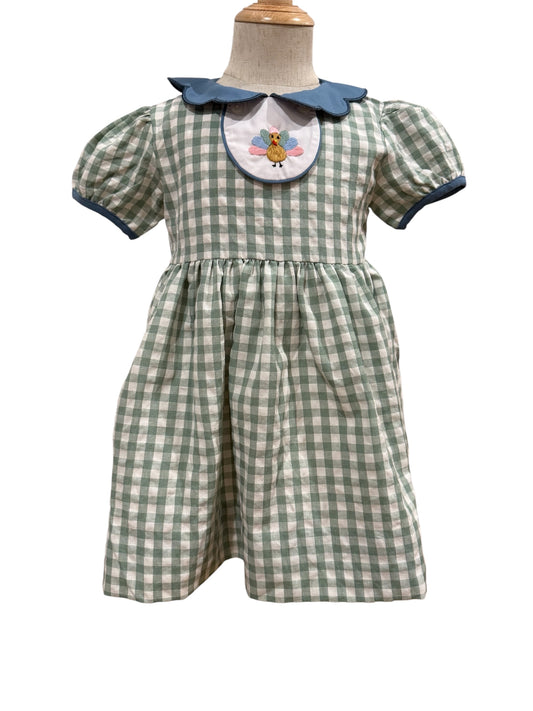 2-in-1 Girls Gingham Holiday Dress with Pumpkin & Turkey Collars