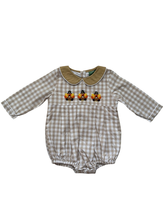 Turkey French Knot Boy's Gingham Bubble | Thanksgiving Outfit