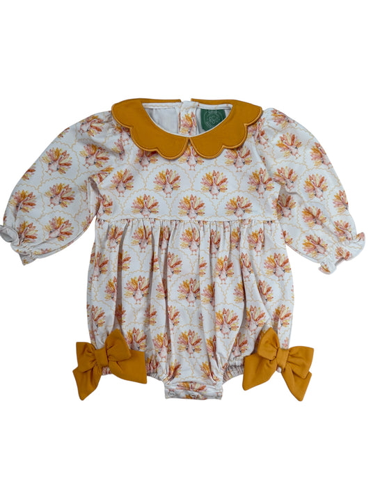 Turkey Print Girls Thanksgiving Bubble | Baby & Toddler Holiday Outfit