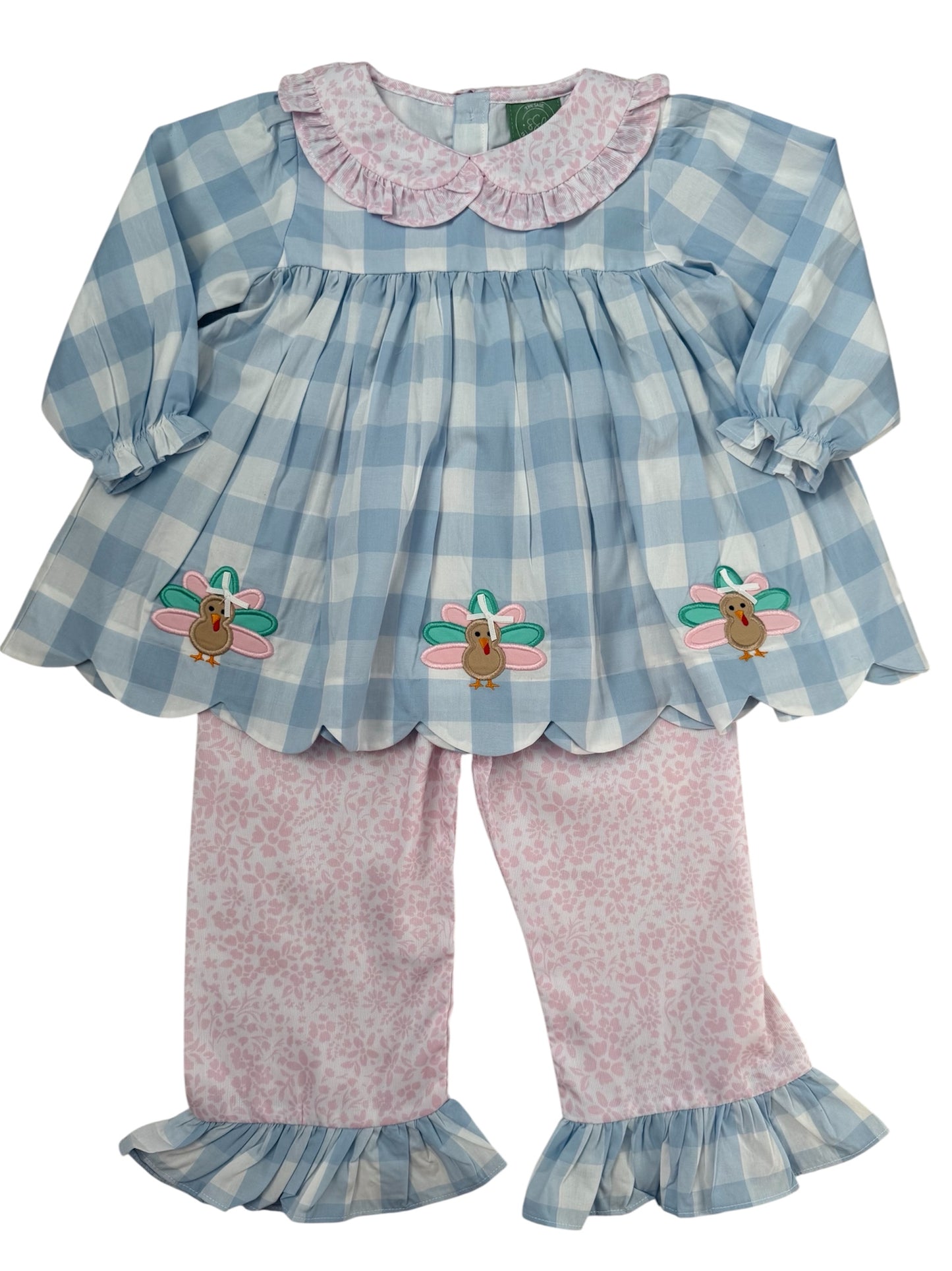 Todder Girls Gingham Turkey Applique Outfit | Thanksgiving Shirt & Pants Set