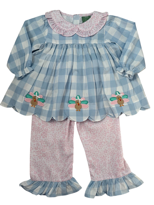 Todder Girls Gingham Turkey Applique Outfit | Thanksgiving Shirt & Pants Set