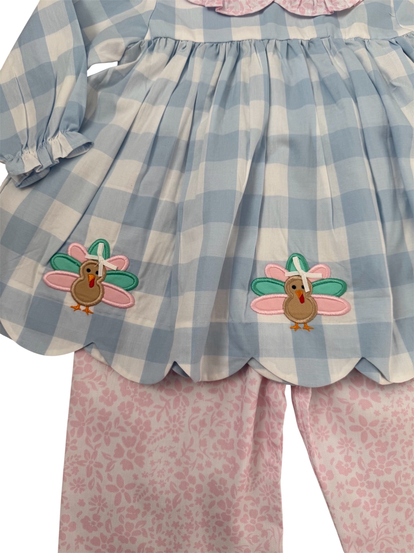Todder Girls Gingham Turkey Applique Outfit | Thanksgiving Shirt & Pants Set