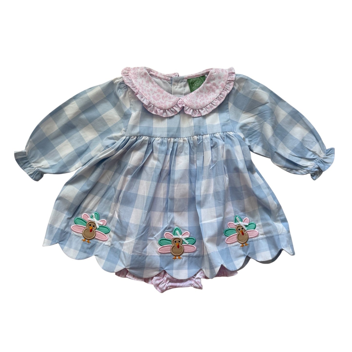 Thanksgiving Girl’s Applique Turkey Gingham Bubble Outfit