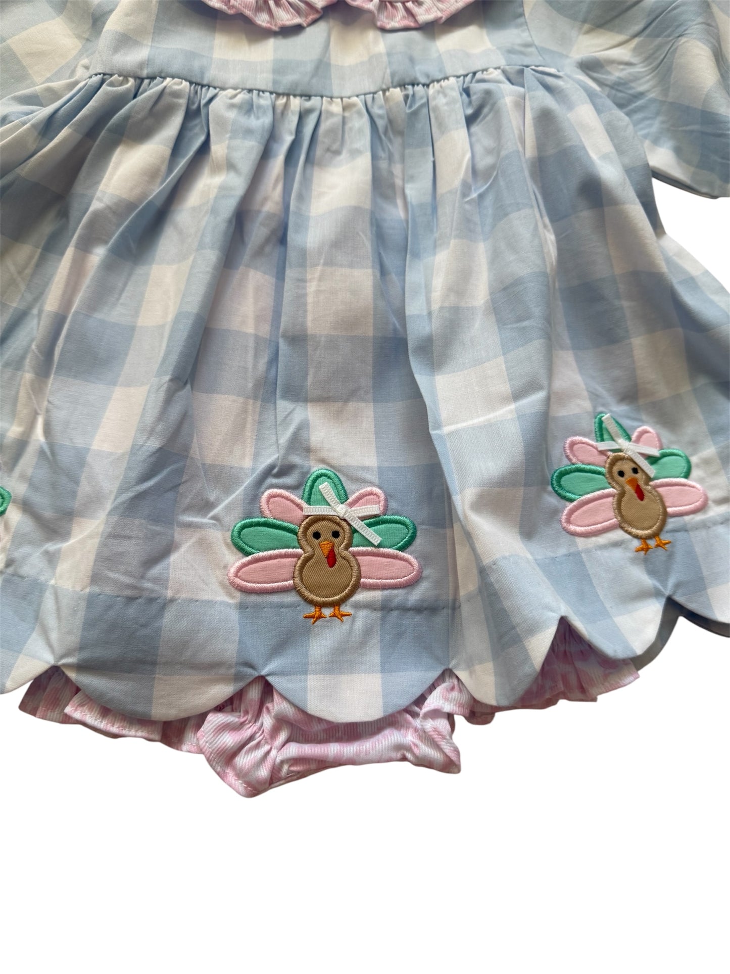 Thanksgiving Girl’s Applique Turkey Gingham Bubble Outfit