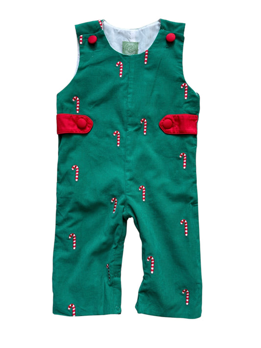 Boy's Christmas Candy Cane Embroidered Green Corduroy Longall
