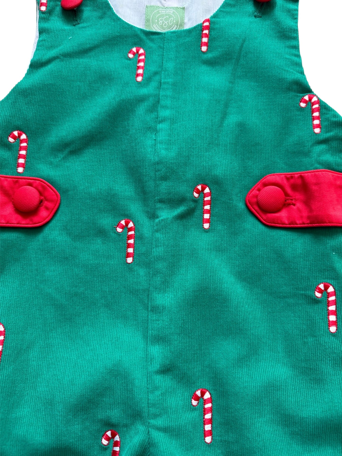 Boy's Christmas Candy Cane Embroidered Green Corduroy Longall