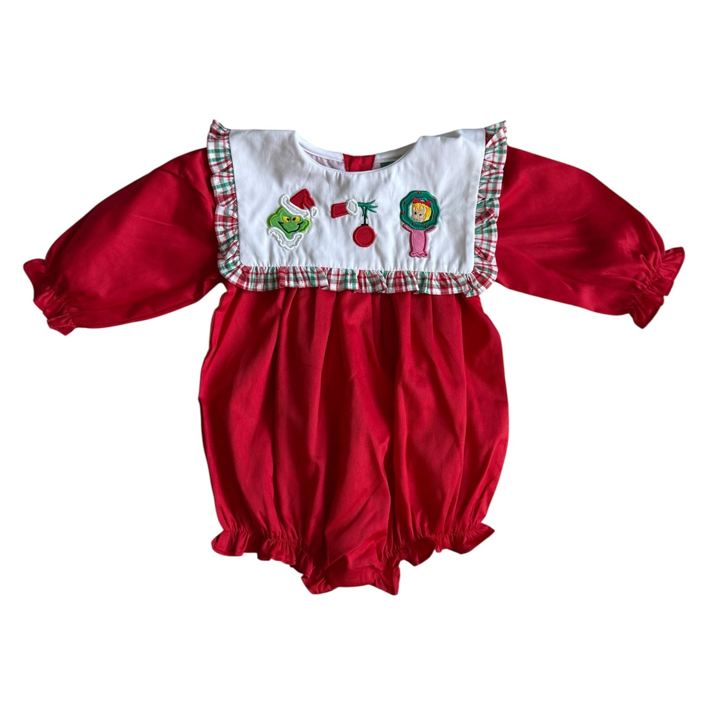 Mr. Mean One Girl’s Christmas Applique Bubble | Red Holiday Outfit