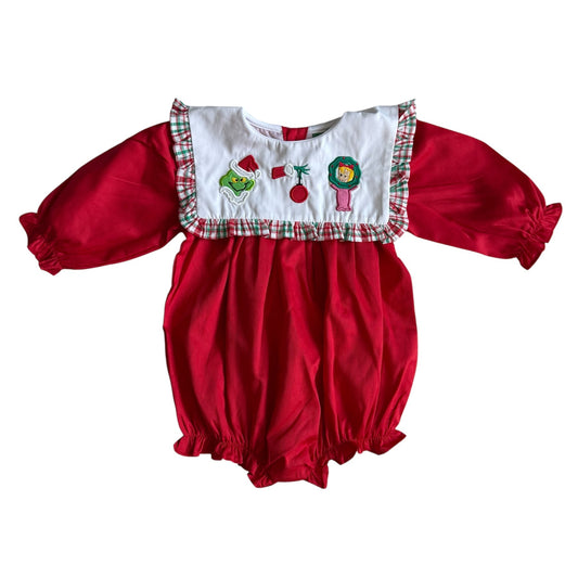 Mr. Mean One Girl’s Christmas Applique Bubble | Red Holiday Outfit