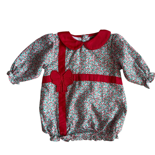 Girl’s Christmas Present Bubble | Green & Red Floral Holiday Outfit