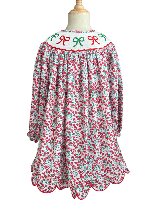Girl’s Hand Smocked Christmas Bow Dress – Scalloped Hem & Long Sleeves