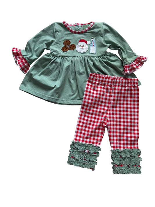 Girl’s Santa, Milk & Cookies 2-Piece Pant Outfit – Holiday Top & Leggings Set