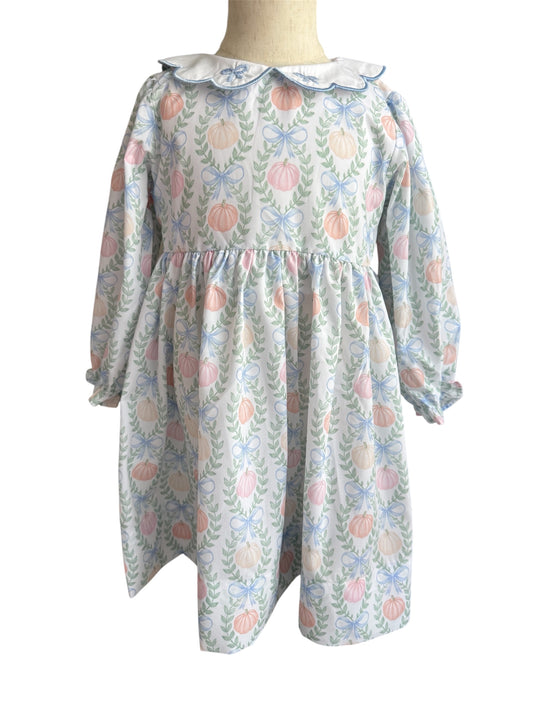 Pumpkin & Bow Print Girl’s Dress – Fall Boutique Outfit for Pictures