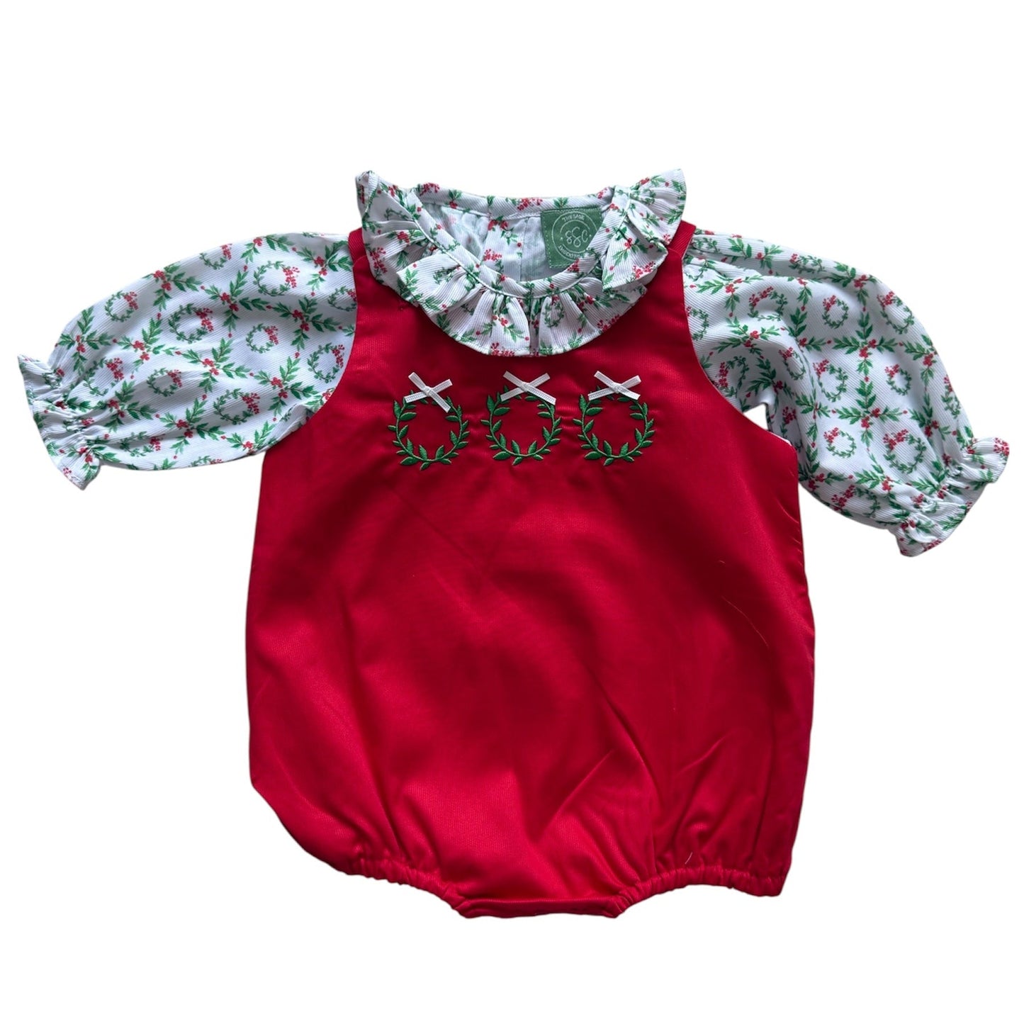 Girl’s 2-Piece Christmas Wreath Bubble Set – Embroidered Red Bubble with Matching Top