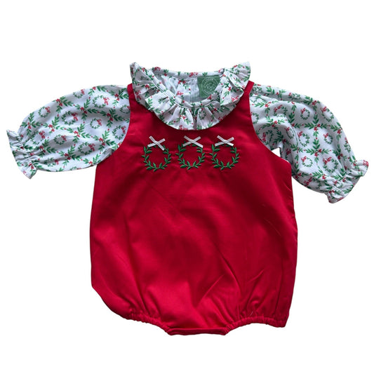 Girl’s 2-Piece Christmas Wreath Bubble Set – Embroidered Red Bubble with Matching Top