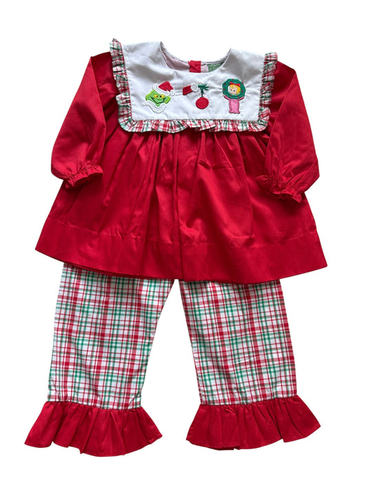 Mr. Mean One Girl’s 2-Piece Christmas Outfit | Holiday Top & Plaid Pants Set