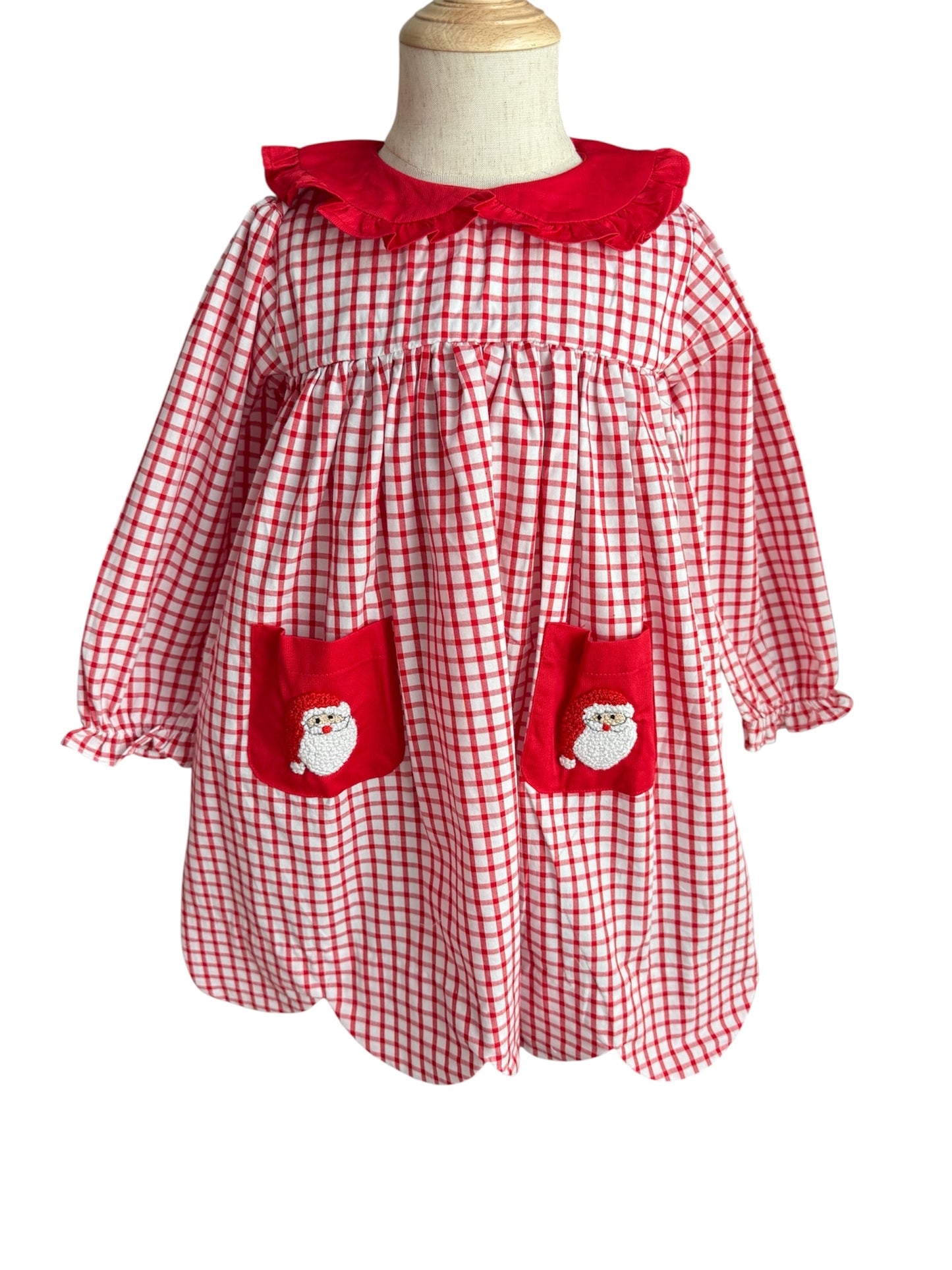 Girl’s Santa French Knot Dress – Red Gingham Holiday Outfit with Pockets