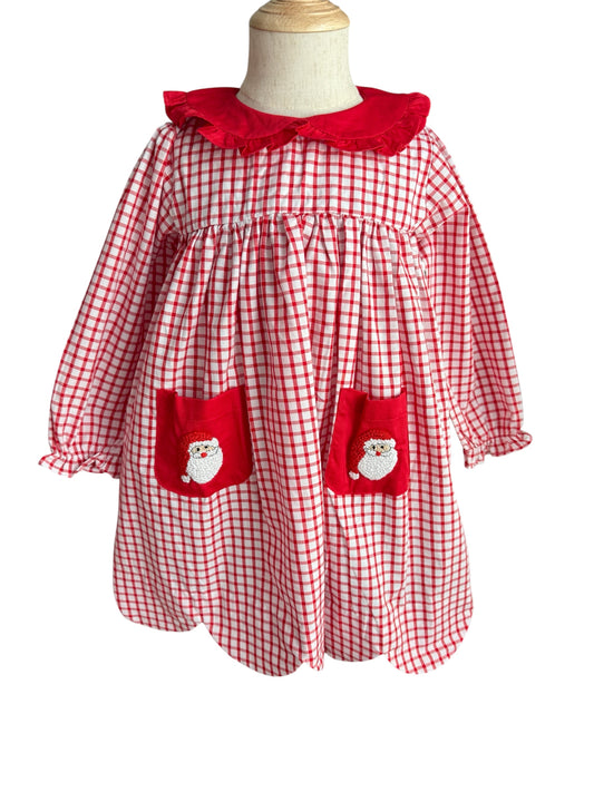 Girl’s Santa French Knot Dress – Red Gingham Holiday Outfit with Pockets