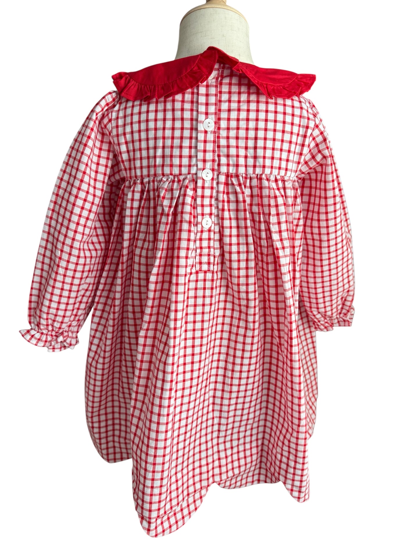 Girl’s Santa French Knot Dress – Red Gingham Holiday Outfit with Pockets