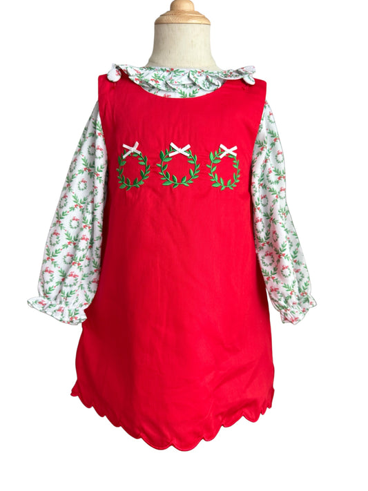 Girl’s Christmas Wreath Dress – Embroidered Holiday Dress with Ribbon Bows