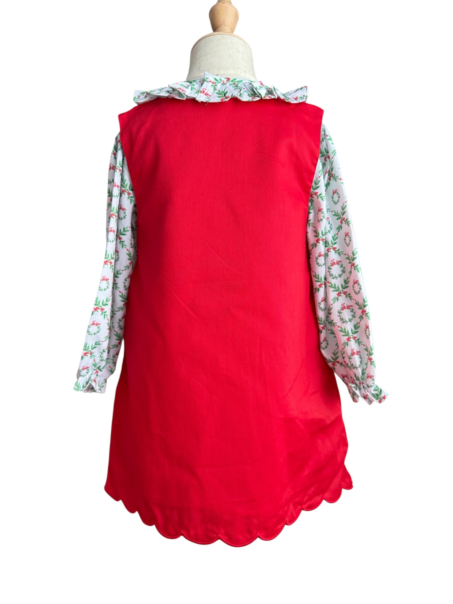 Girl’s Christmas Wreath Dress – Embroidered Holiday Dress with Ribbon Bows