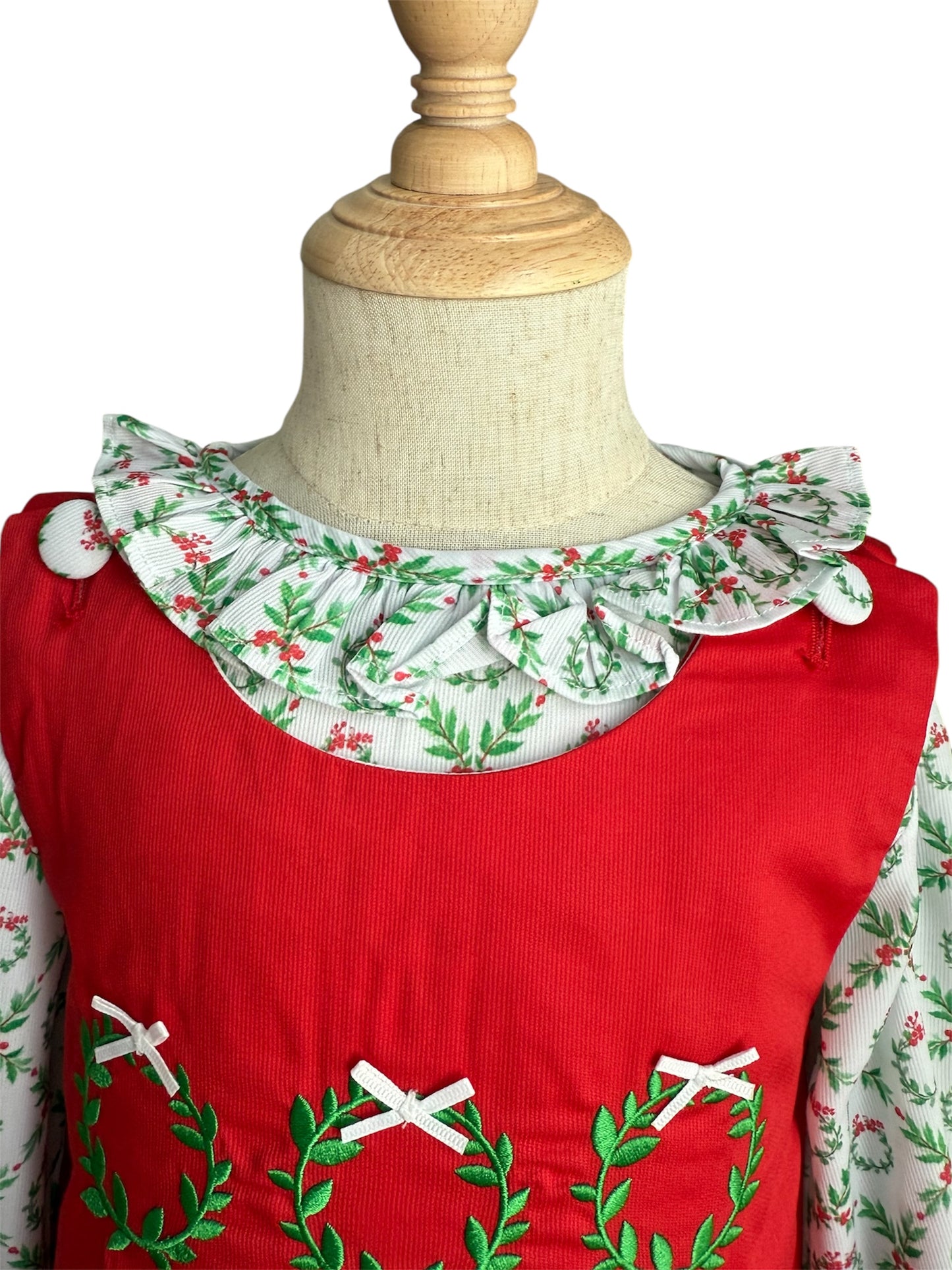 Girl’s Christmas Wreath Dress – Embroidered Holiday Dress with Ribbon Bows