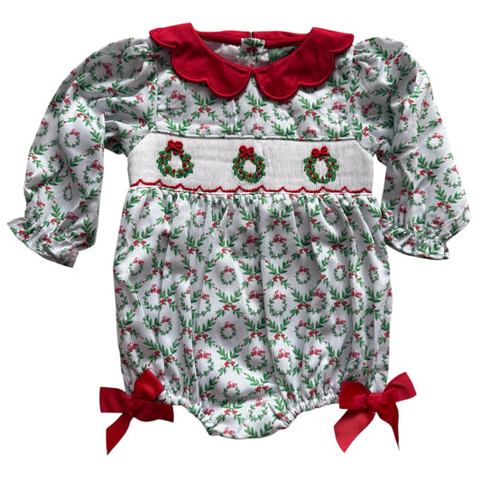 Girl’s Hand Smocked Wreath Christmas Bubble – Holiday Outfit