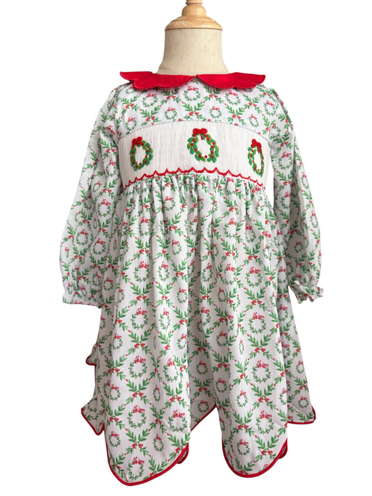 Girl’s Hand Smocked Christmas Wreath Dress with Scalloped Red Collar