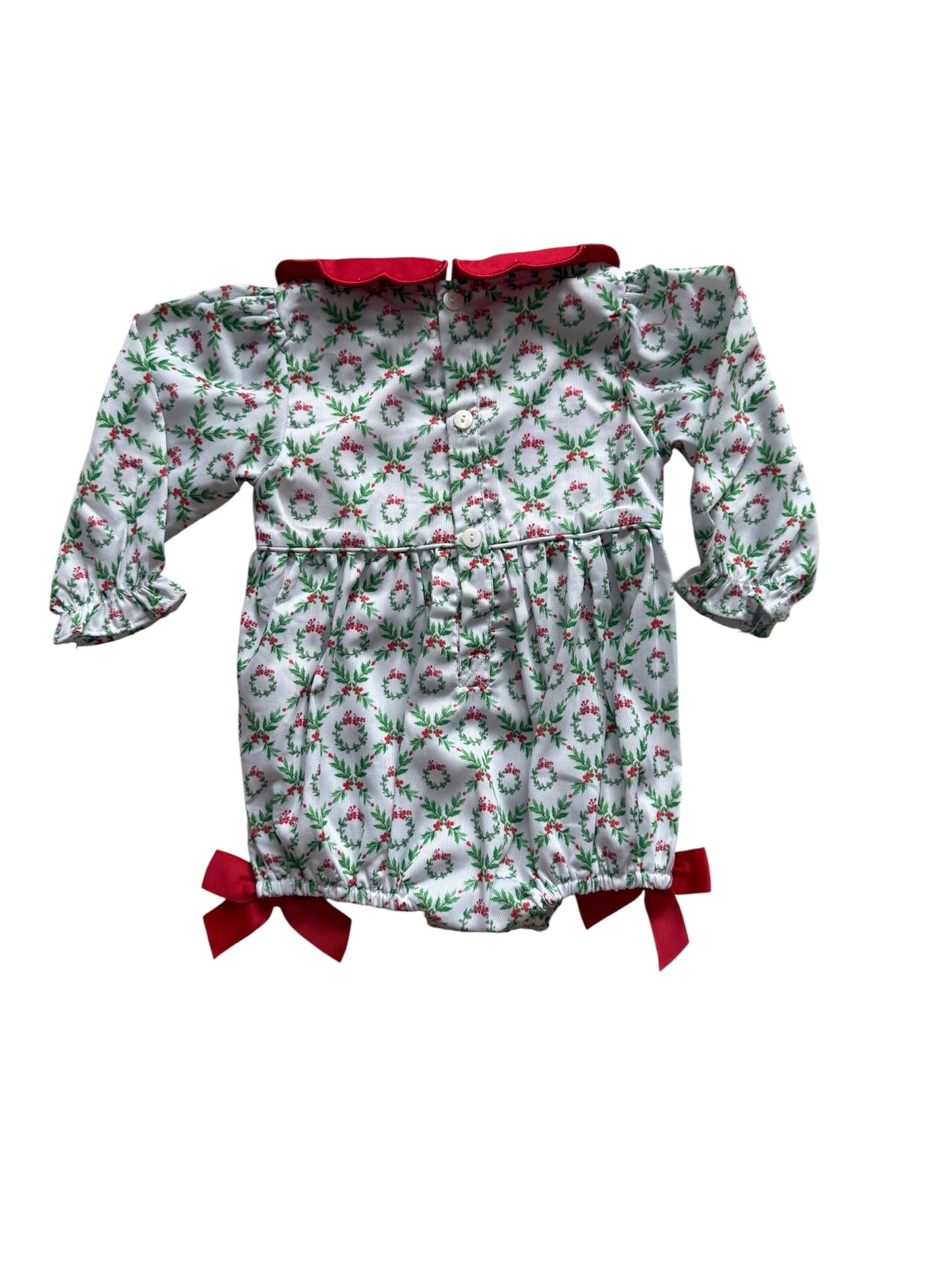 Girl’s Hand Smocked Wreath Christmas Bubble – Holiday Outfit