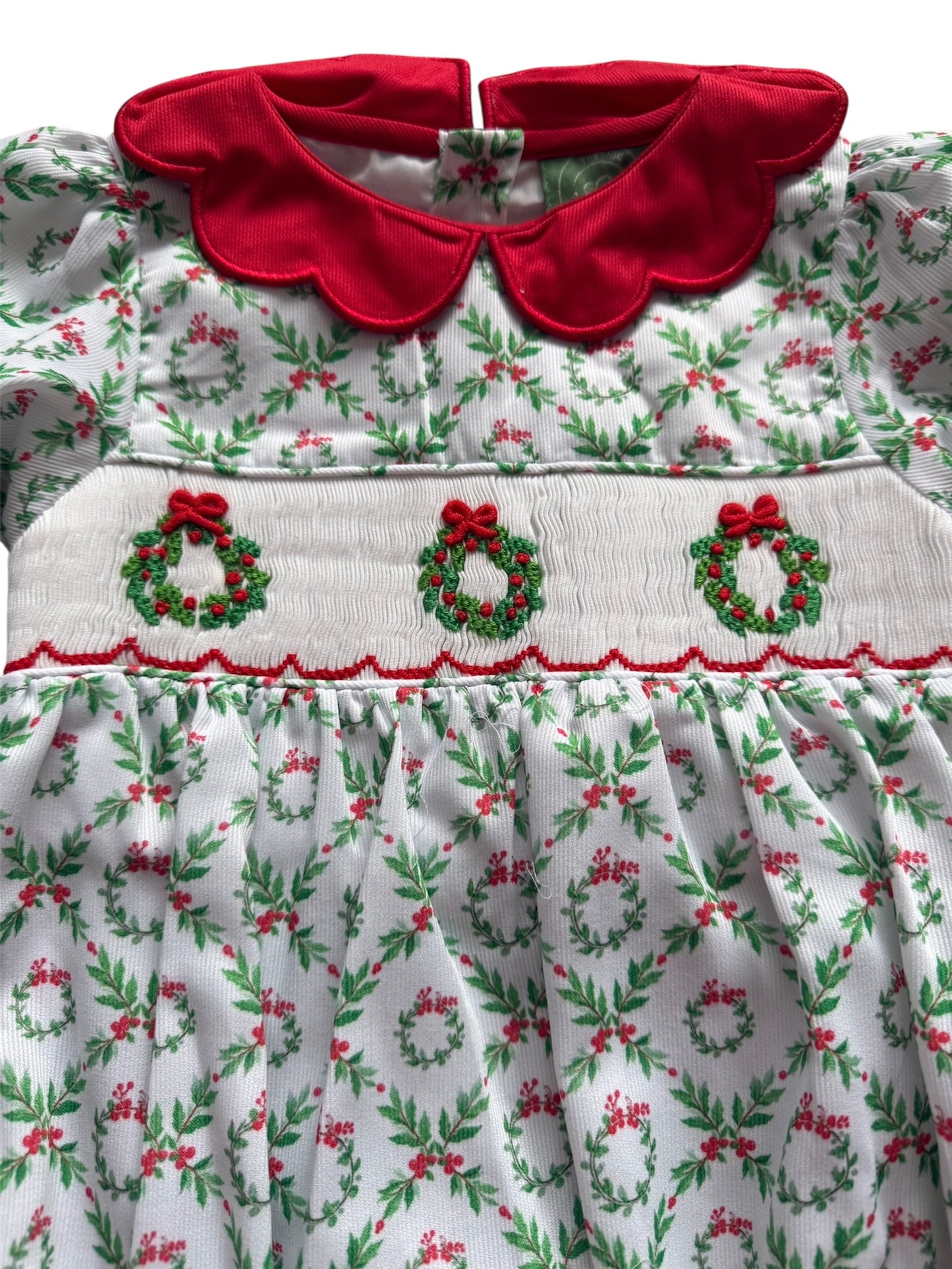 Girl’s Hand Smocked Wreath Christmas Bubble – Holiday Outfit