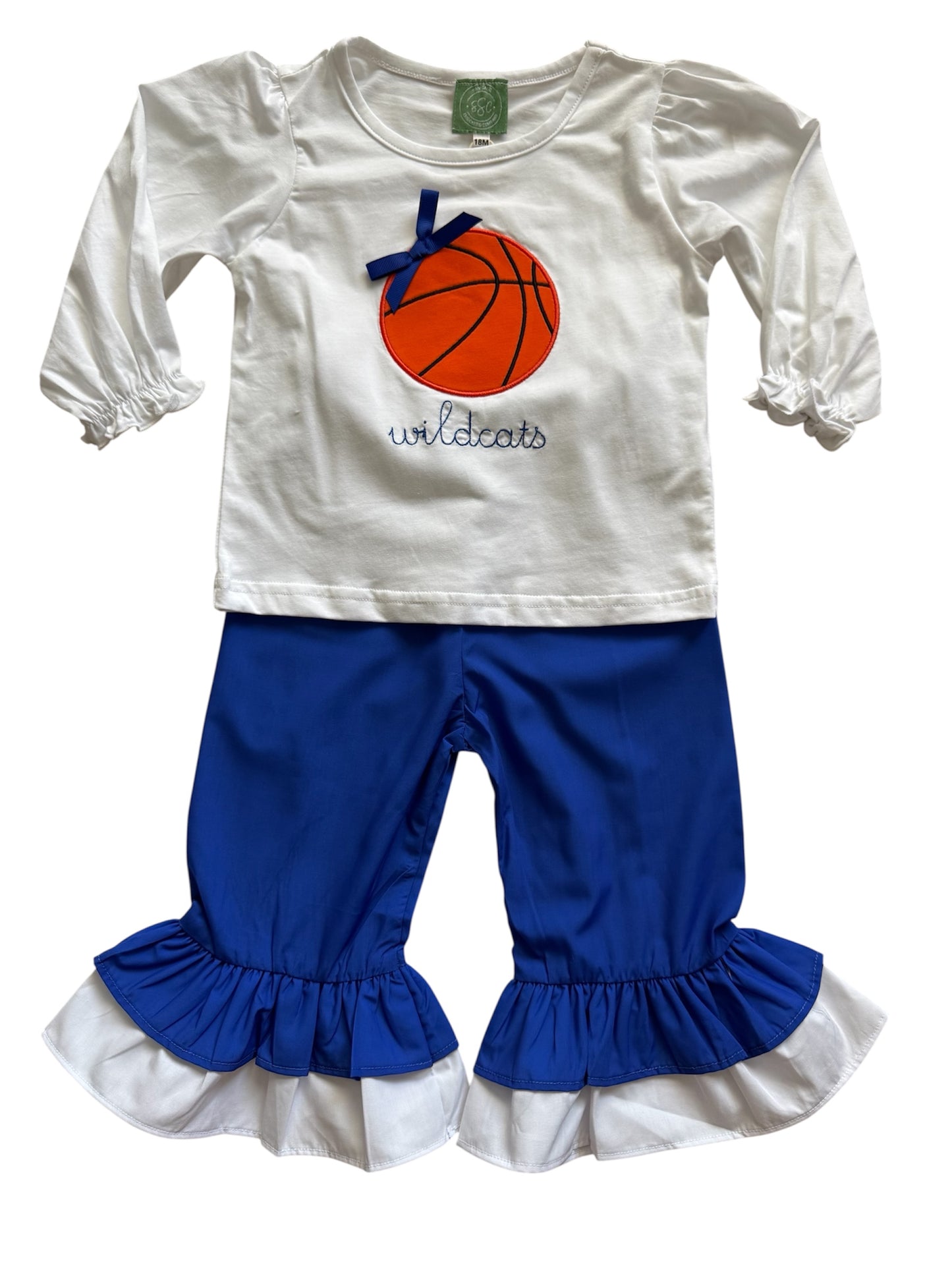 2 Pc Girls Applique Wildcat Basketball Top & Blue Ruffle Pants Set for Game Day