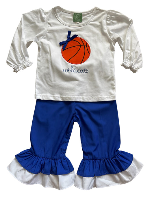 2 Pc Girls Applique Wildcat Basketball Top & Blue Ruffle Pants Set for Game Day