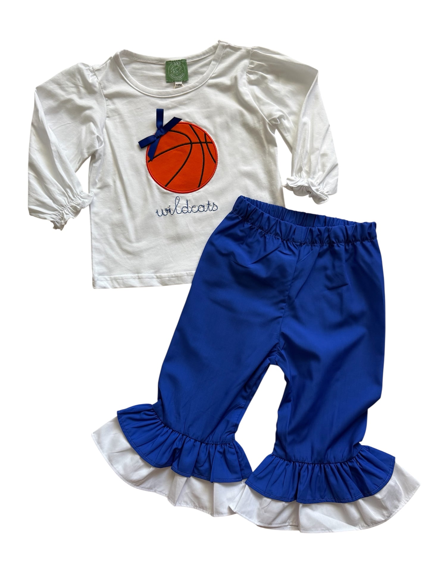 2 Pc Girls Applique Wildcat Basketball Top & Blue Ruffle Pants Set for Game Day