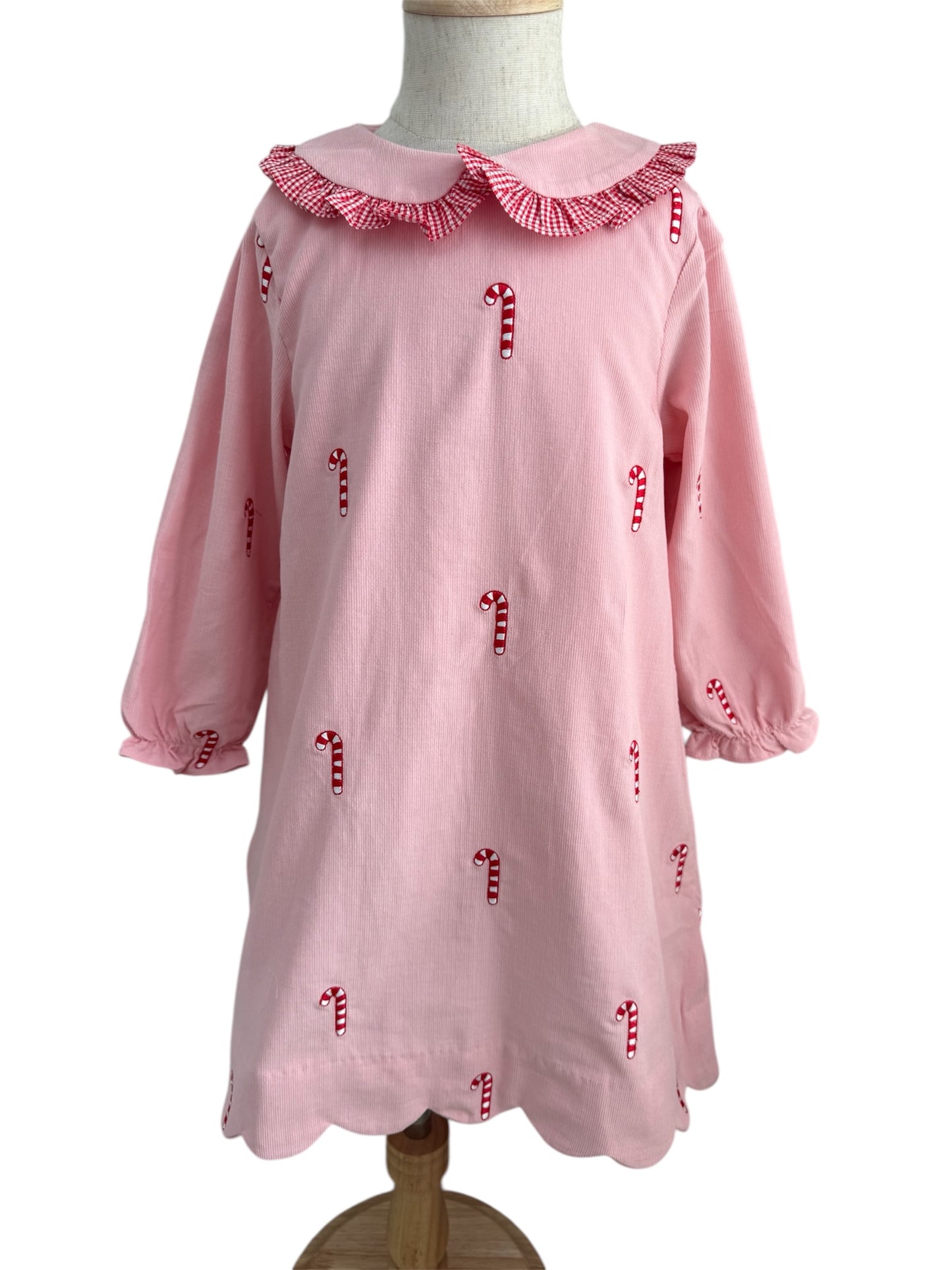 Girl’s Embroidered Candy Cane Dress | Pink Corduroy Holiday Outfit with Scalloped Hem & Peter Pan Collar