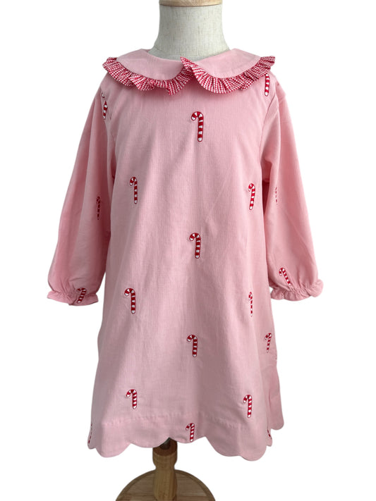 Girl’s Embroidered Candy Cane Dress | Pink Corduroy Holiday Outfit with Scalloped Hem & Peter Pan Collar