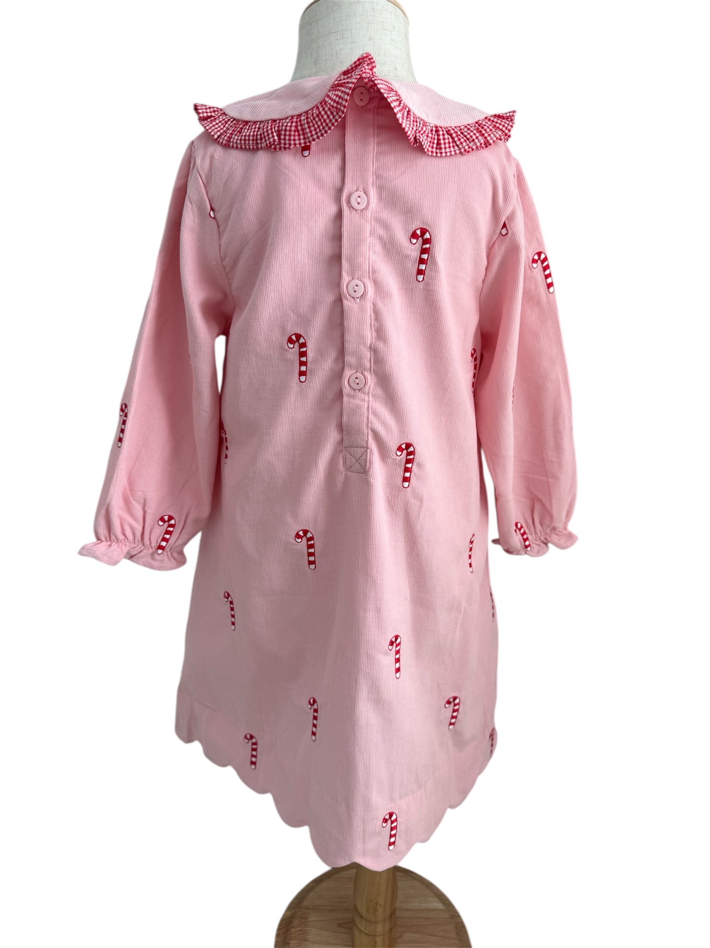 Girl’s Embroidered Candy Cane Dress | Pink Corduroy Holiday Outfit with Scalloped Hem & Peter Pan Collar