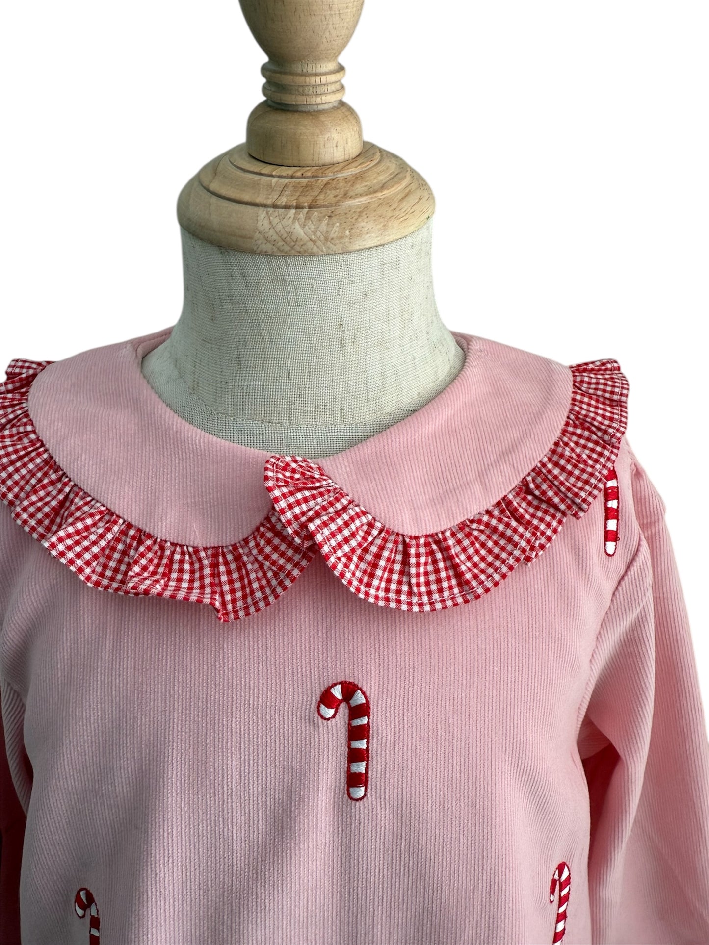 Girl’s Embroidered Candy Cane Dress | Pink Corduroy Holiday Outfit with Scalloped Hem & Peter Pan Collar