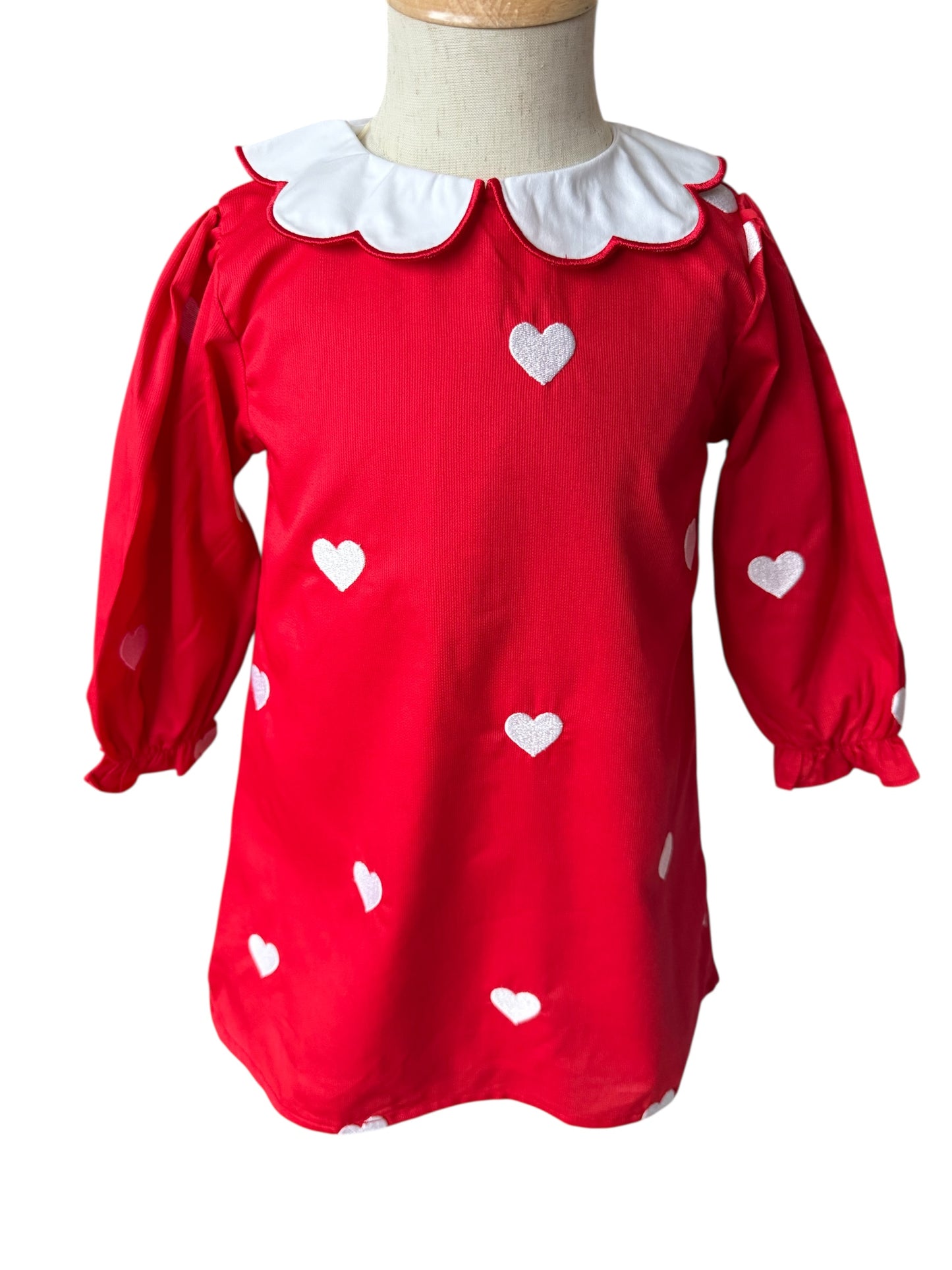 Girls Red Valentine Dress with White Embroidered Hearts | Long Sleeve Cotton Dress with Scalloped Collar