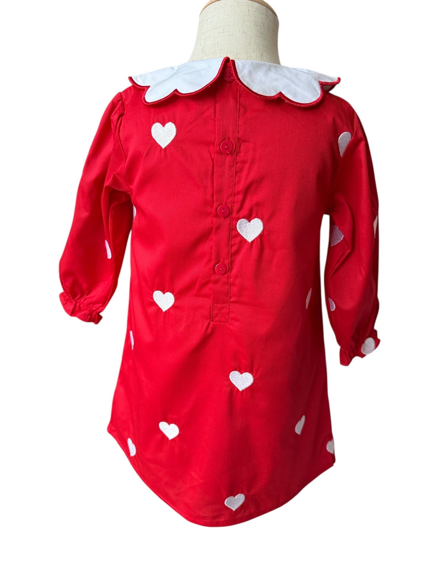 Girls Red Valentine Dress with White Embroidered Hearts | Long Sleeve Cotton Dress with Scalloped Collar
