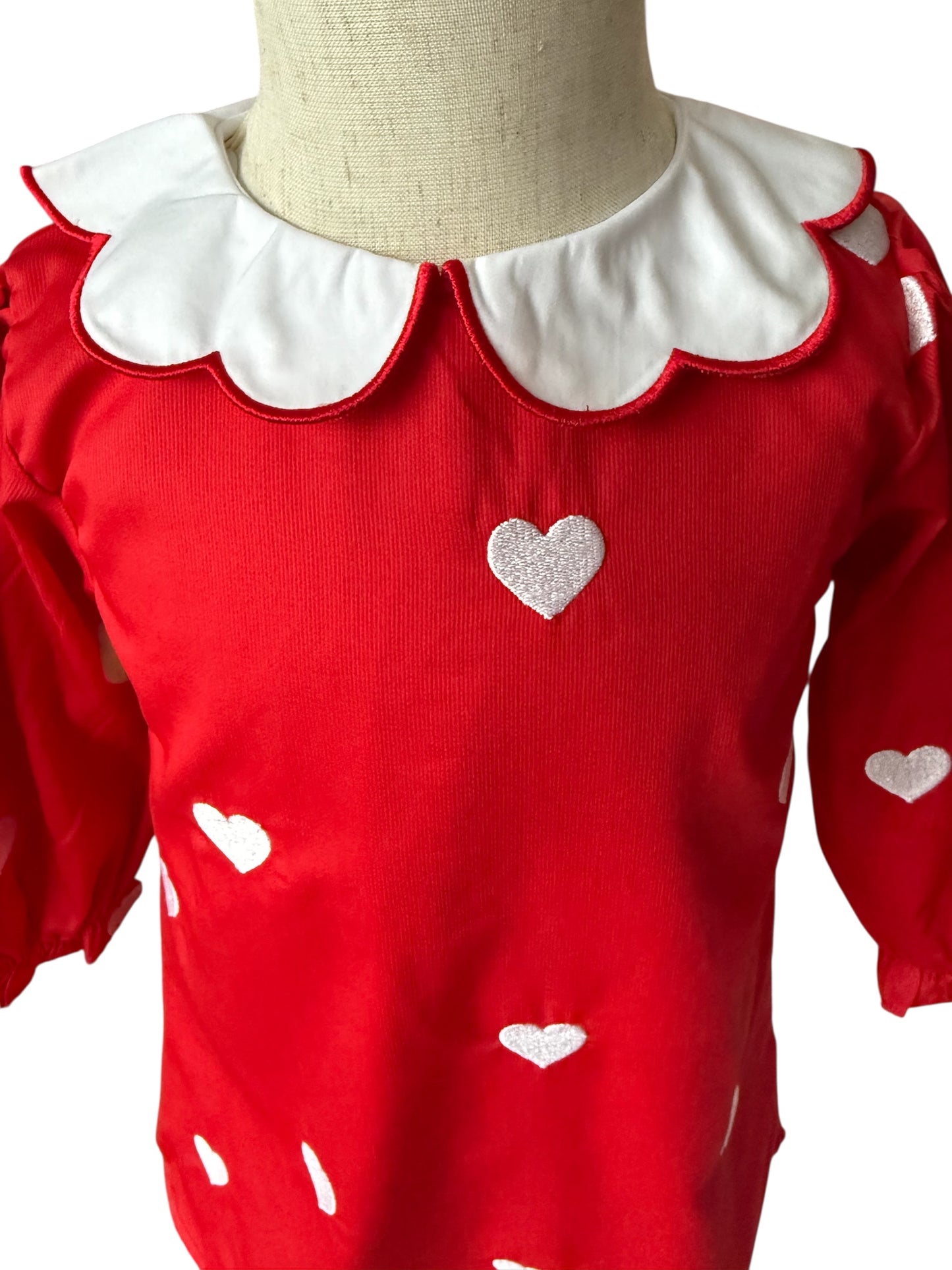Girls Red Valentine Dress with White Embroidered Hearts | Long Sleeve Cotton Dress with Scalloped Collar