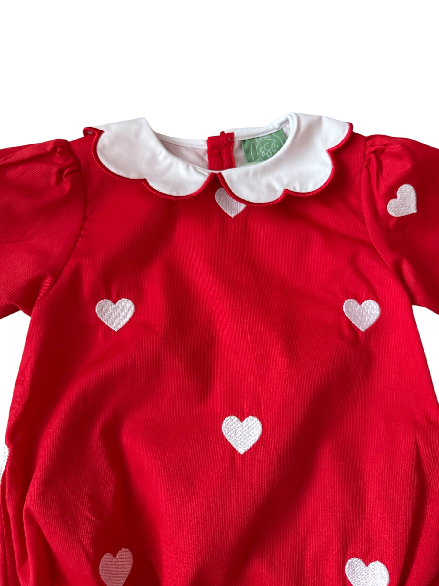 Girls Red Valentine Sister Bubble with White Embroidered Hearts | Cotton Long Sleeve Bubble Romper