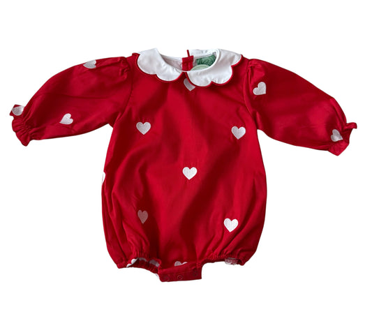 Girls Red Valentine Sister Bubble with White Embroidered Hearts | Cotton Long Sleeve Bubble Romper