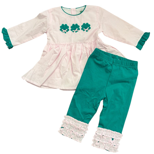 St. Patrick’s Day Clover Appliqué Girls 2-Piece Outfit – Top & Ruffle Leggings