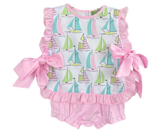 Pink Sailboat Side Tie Diaper Set with Ruffle Trim